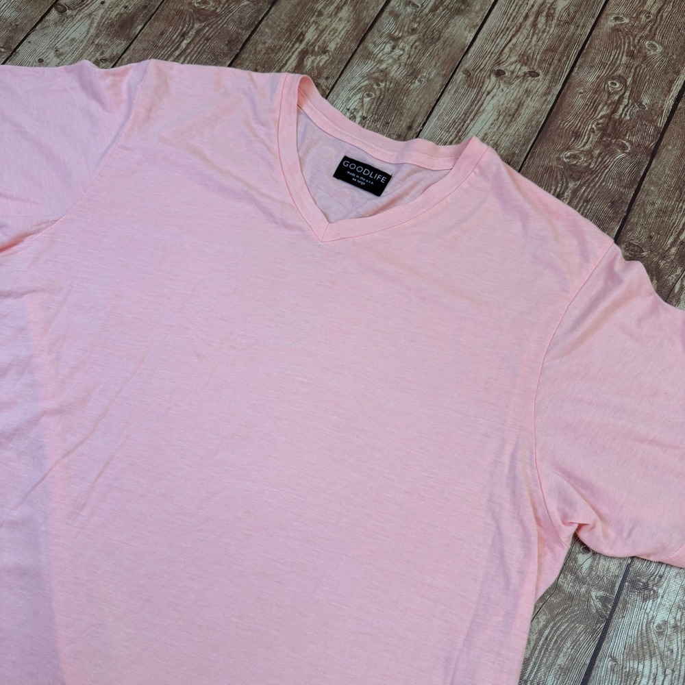 Goodlife V Neck Scallop T Shirt Mens size XXL 2XL Pink Short Sleeve Slub